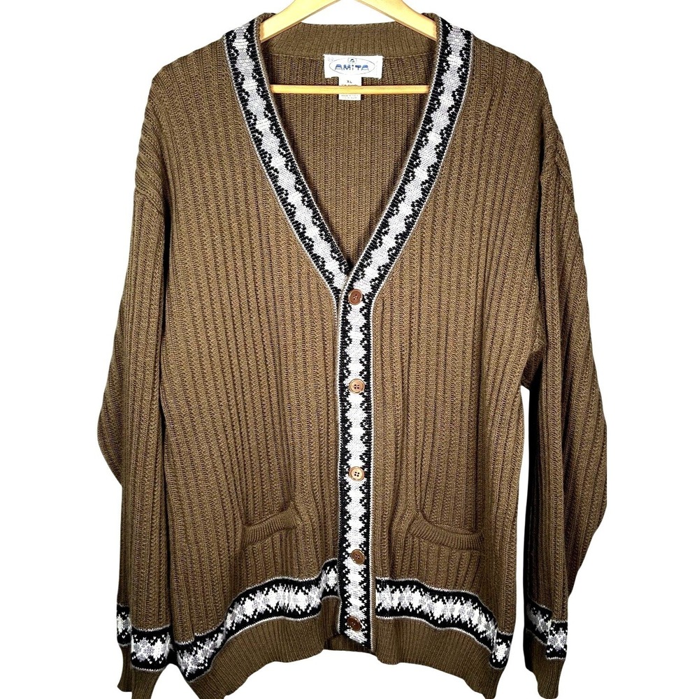 Vintage AMITA Wool Blend Ribbed Knit Cardigan XL Italy Button Sweater Mens 90s